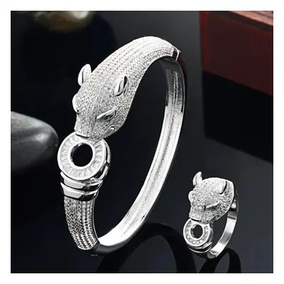 (silver ring 7) Zlxgirl Jewelry Jet Cubic Zircon Leopard Animal Bridal Bangle Jewelry Europe Des