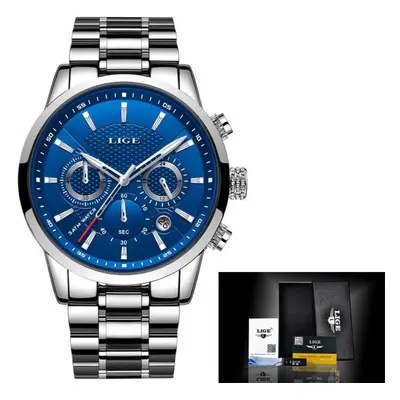 (Silver Blue) Lige Military Sports Waterproof Men Wrist Watch