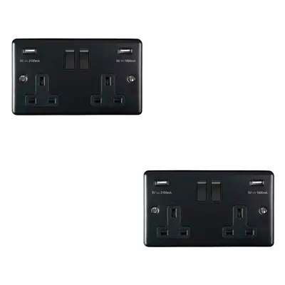 2 PACK Gang Single UK Plug Socket & 2.1A USB MATT BLACK & Black 13A Switched