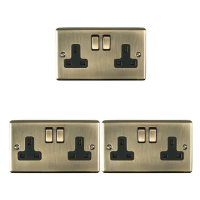 3 PACK Gang Double UK Plug Socket ANTIQUE BRASS 13A Switched Power Outlet