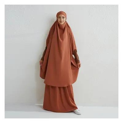 (camel, One Size) Muslim Sets Two Pieces Prayer Clothing Long Hooded Smocking Sleeve Shirts Hija