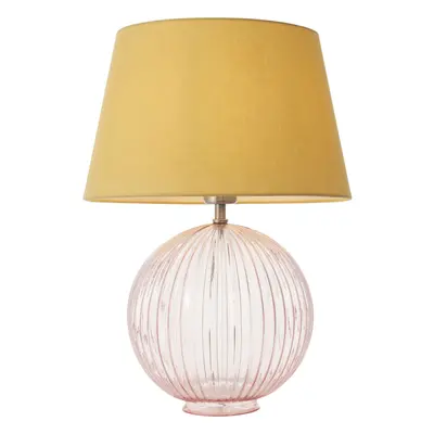 Table Lamp Dusky Pink Ribbed Glass & Yellow Cotton 40W E27 Bedside Light