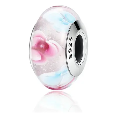 Pink & Blue Flower Murano Glass Charm Bead Genuine Sterling Silver Compatible With Pandora Brace