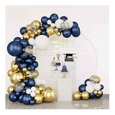 174Pcs Navy Blue Balloons Garland Arch Kit, Metallic Gold Latex White Confetti Balloons Foil Bal