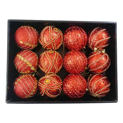 Pack of Deluxe Decorated Red with Gold Beads 8cm Christmas Tree Baubles