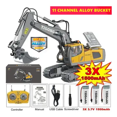 (Excavator 3Battery) 4WD Remote Control Excavator 4x4 Alloy Dump Truck Bulldozer Radio Model RC 