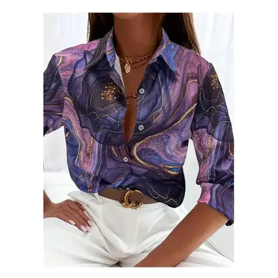 (B25SLTH24614150521, S) Fashion Women's Button Top New Texture Printed Shirt Temperament Women's