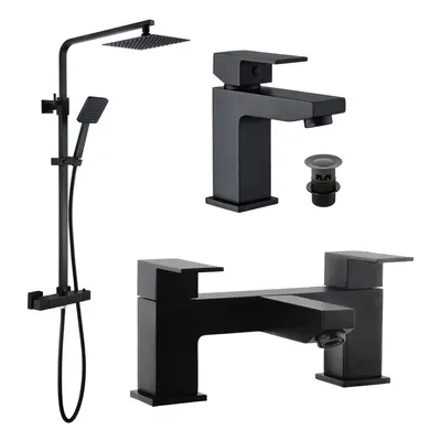 Square Black Thermostatic Overhead Shower Kit & Basin, Bath Filler Tap