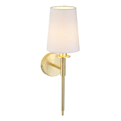 Satin Brass Plated Wall Light & White Cotton Shade - Modern Sconce Fitting