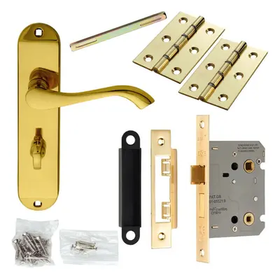 Door Handle & Bathroom Lock Pack Brass Modern Scroll Thumbturn Slim Backplate