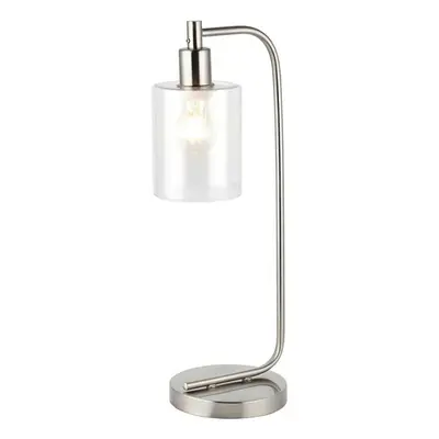 Modern Curved Arm Table Lamp Brushed Nickel & Clear Glass Shade Bedside Light