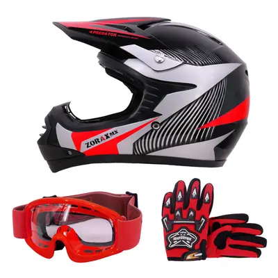 (Red, XS) ZORAX X19 Kids Motocross MX Helmet Motorbike Gloves Goggles