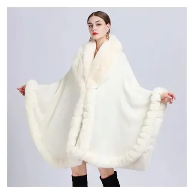 (white, One size) Elegant V Lapel Faux Rex Rabbit Fur Coat Cape Winter Women Big Long Shawl Full