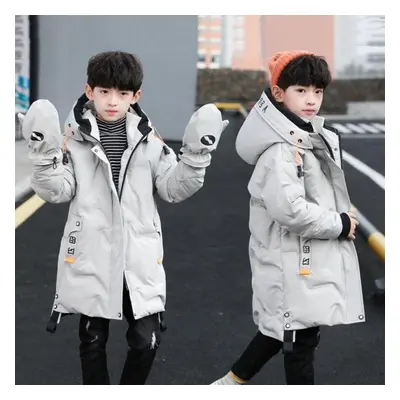 (white, 160) Boys Winter Parka Thickened Down Jacket Top Long Warm Jacket With Warm Gloves Attac