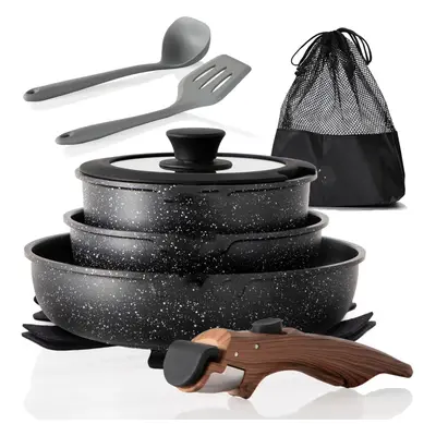 (Black) Non-Stick Cookware Set Removable Handle Induction Cookware Set, Piece Black Granite Cook