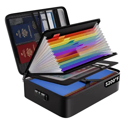 (Black colorful) Fireproof Document Box File Organiser with Lock Waterproof and Fireproof Docume