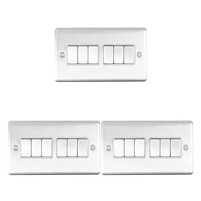 3 PACK Gang Metal Multi Light Switch SATIN STEEL Way 10A White Trim