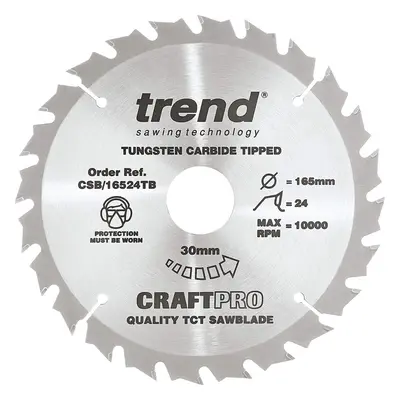 Trend CSB/16524TB Craft Pro Thin Kerf TCT Circular Saw Blade, Tungsten Carbide Tipped, 165mm x T