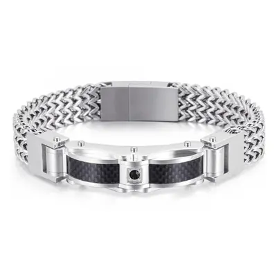 (silver,black, 23cm) Luxury Gold Plated Bracelet For Men 12mm Wide Stainless Steel Square Franco