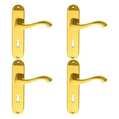 4x PAIR Curved Handle on Chamfered Lock Backplate x 40mm Polished Brass