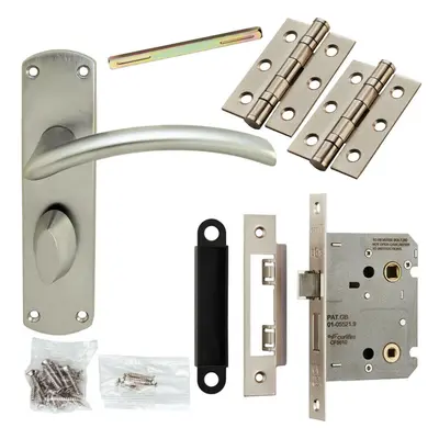 Door Handle & Bathroom Lock Pack Satin Chrome Arched Lever Thumb Turn Backplate