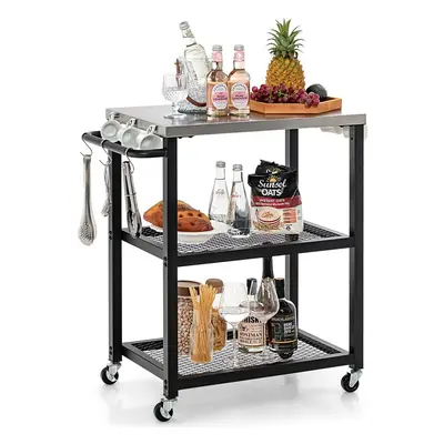 3-tier Outdoor Grill Cart on Wheels Pizza Oven Stand Trolley Stainless Steel Top