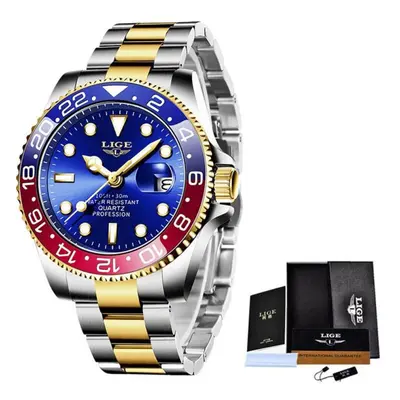 (gold,blue) Lige Fashion Business Mens Watches Waterproof Auto Date Watch Military Men&apos;s Wa