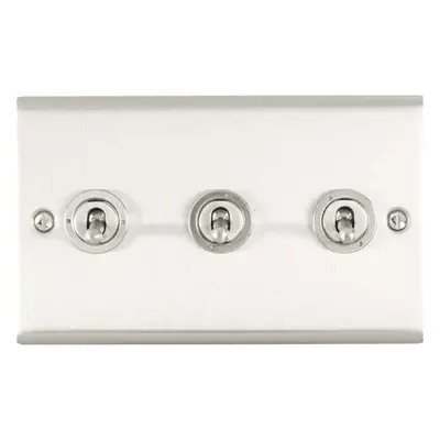 3 Gang Triple Retro Toggle Light Switch SATIN STEEL 10A Way Lever Wall Plate