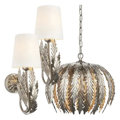 Ornate Silver Decorative Leaf Light Set - Ceiling & 2x Wall Lighting Bundle