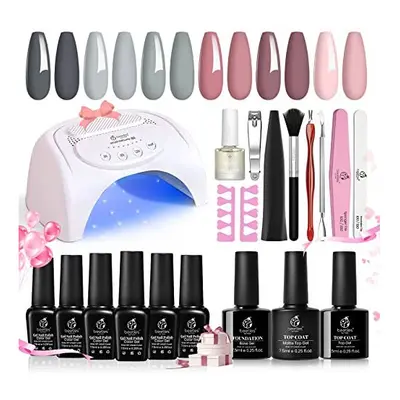 Beetles Gel Nail Polishes Starter Kit Colors Nail Salon Set with 48W Nail Lamp Gray Nude Pink Ge