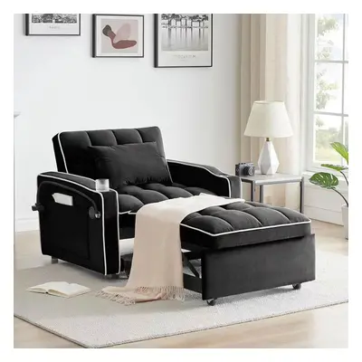 3-in-1 Convertible Black Sofa Bed Sleeper Chair with Adjustable Backrest, USB Charging & Cup Hol