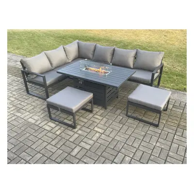 Fimous Aluminium Patio Outdoor Garden Furniture Corner Sofa Set Gas Fire Pit Dining Table with B