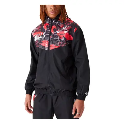 (L, Black) New Era Mens Chicago Bulls All Over Pattern Panel Track Jacket Top - Black