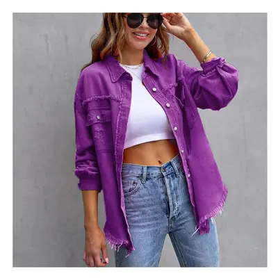 (QU411-13, M) Solid Casual Loose Denim Shirts For Women Autumn Vintage Women's Oversized Shirts 