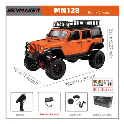 (Orange-1B1500-STR) MN128 1/12 RC Car 4WD Jeep Model 2.4G Remote Control LED Light 4X4 Off Road 