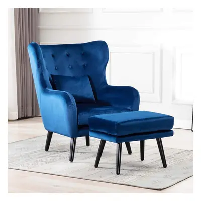 (Navy with Footstool, Velvet) Winslow Wing Back Occasional Fabric Lounge Accent Chair Living Roo