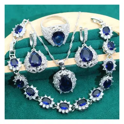 (as the picture, 10) Luxury Elegant Dubai Silver Jewelry Sets Women Wedding Blue Zircon Necklace