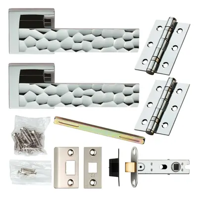 Door Handle & Latch Pack PREMIUM Hammered Chrome Slim on Screwless Square Rose