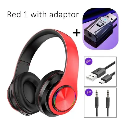 (Red1 with adaptor) Noise Cancelling Wireless Headphones With Mic Foldable Bluetooth Headset