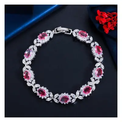 (pink) Wwj Rainbow Mystical Cubic Zirconia Leaf Design Tennis Bracelet For Women