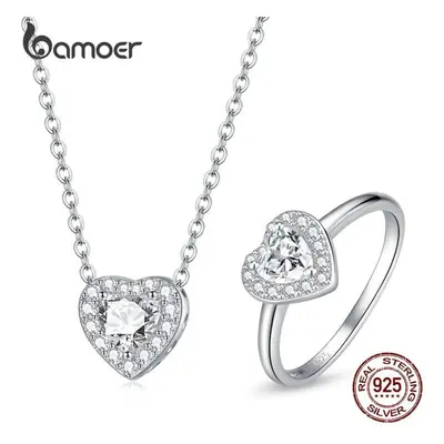 (silver, 7) Bamoer Sterling Silver Bright Heart Stone Necklace & Chain Ring Jewelry Set For Wome