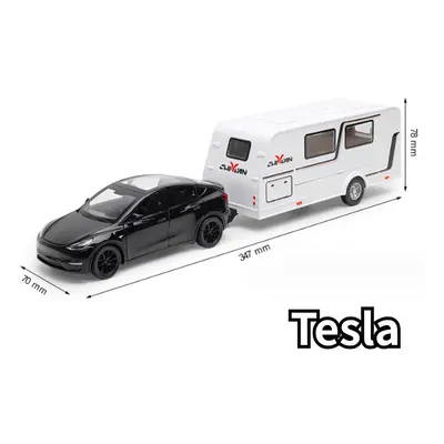 (Black Tesla) 1/32 Trailer RV Truck Toy Model Car Alloy Diecast Off-road Vehicle Camper with Sou