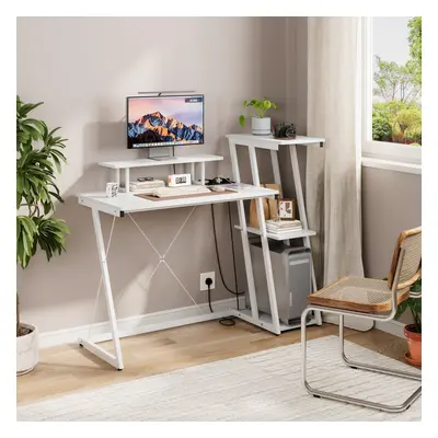 Dripex Computer Desk with 3-Tier Reversible Storage Shelves, Small Office Desk with Power Outlet