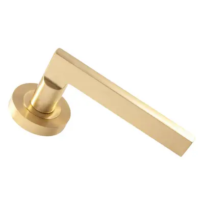 PAIR Straight Plinth Mounted Handle on Round Rose Concealed Fix Satin Brass