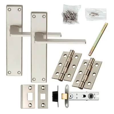 Door Handle & Latch Pack Satin Chrome Slim Straight Lever Square Backplate