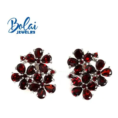 (red, L) Flower Design Clasp Earring Natural Red Garnet Mozambique Gemstones Sterling Silver Fin