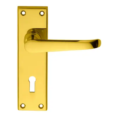 PAIR Straight Victorian Handles on Lock Backplate x 42mm Polished Brass