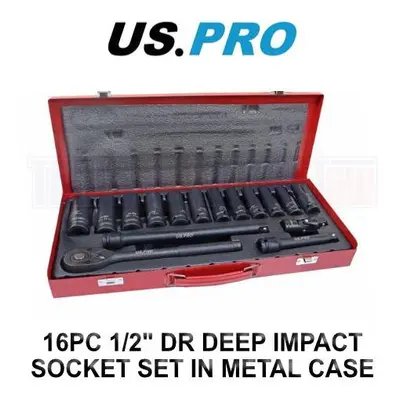 US PRO Tools 16pc 1/2" DR Deep Impact Socket Set - 24mm In Metal Case