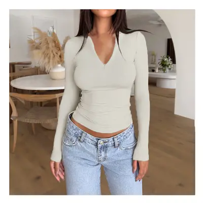 (APRICOT, XL) Spring Summer Women's Long Sleeve Top Lady's Solid Color V-neck Zipperslim-fit Bot