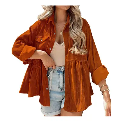 (S, orange color) New Women's Long Sleeved Corduroy Ruffle Edge Shirt Top Button Up Shirt for Wo